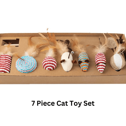 Cat Toys | Set of 7 | Interactive Cat Toys | Cat Wand & Sisal Mice Balls | Natural Wood